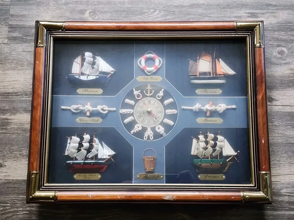 Vtg Decorative Wall Clock Nautical Knots Marine Ships Sailboat Glass Shadow Box